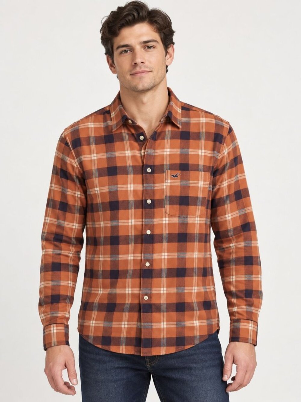 Hollister Orange Plaid Long Sleeve Button Up Shirt Orange/ Blue Medium